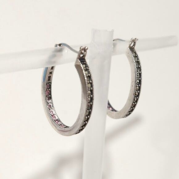925 Sterling Silver Round Hoop Huggie Earrings Pink Sapphires Marcasites Signed - Picture 15 of 15